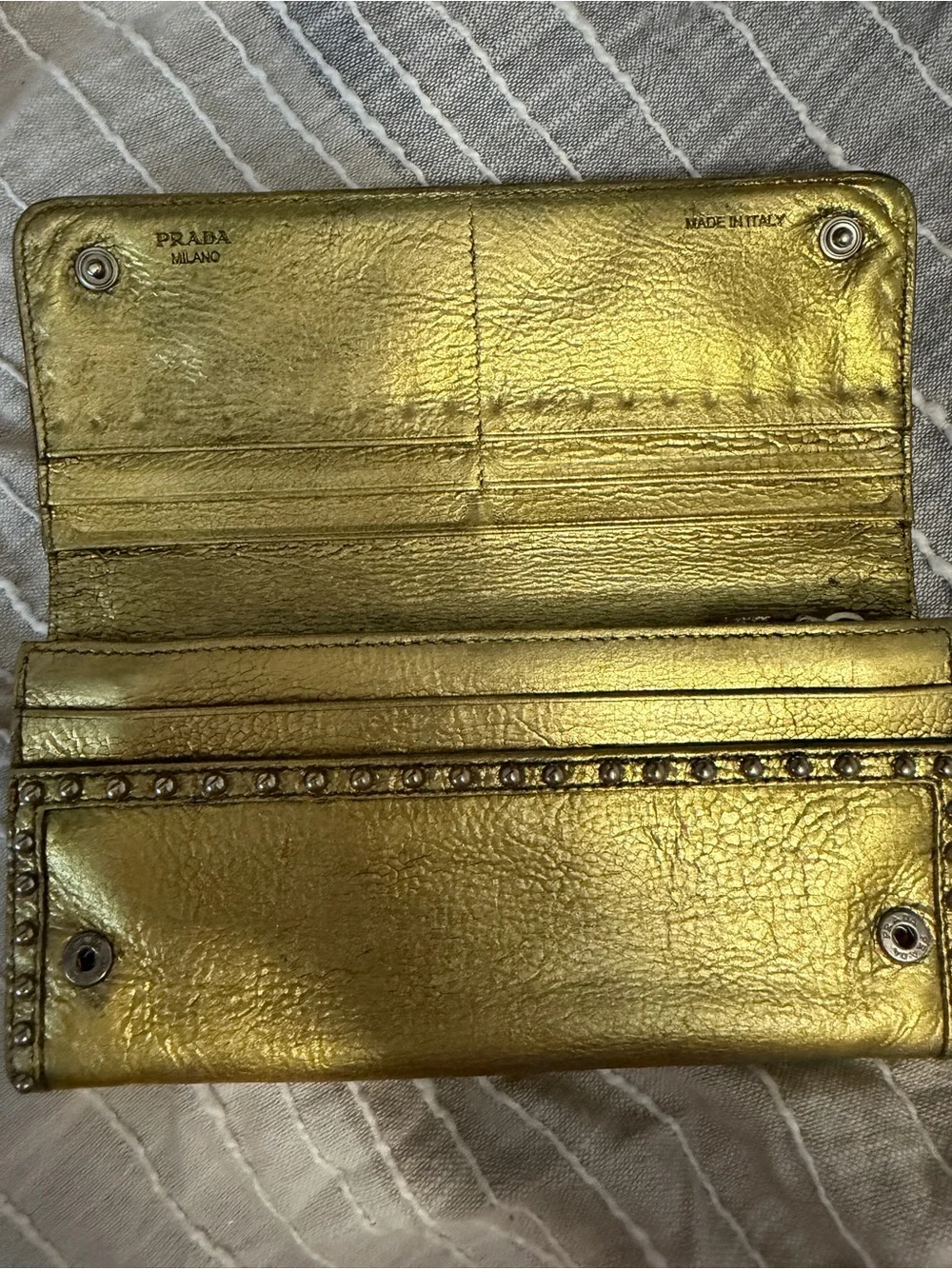 Prada Metallic Gold Leather Long Wallet with Stud Trim